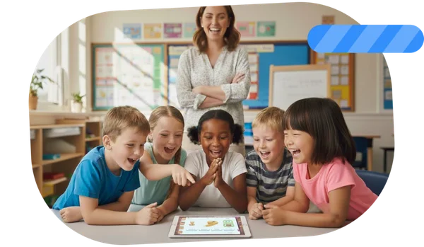 Children playing an educational Smart Tales game on tablets with the teacher in the classroom.