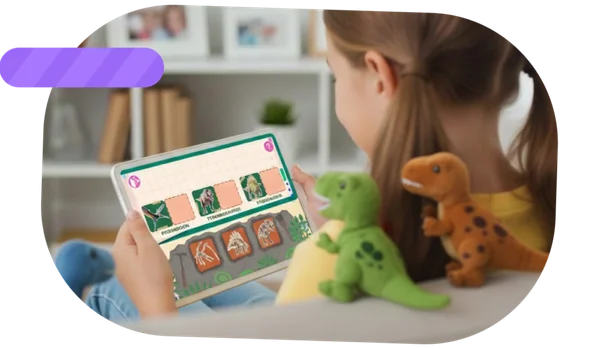 Girl playing an educational Smart Tales Elementary game about fossils on a tablet.