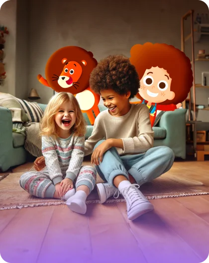 Smiling children playing with animated Smart Tales characters.